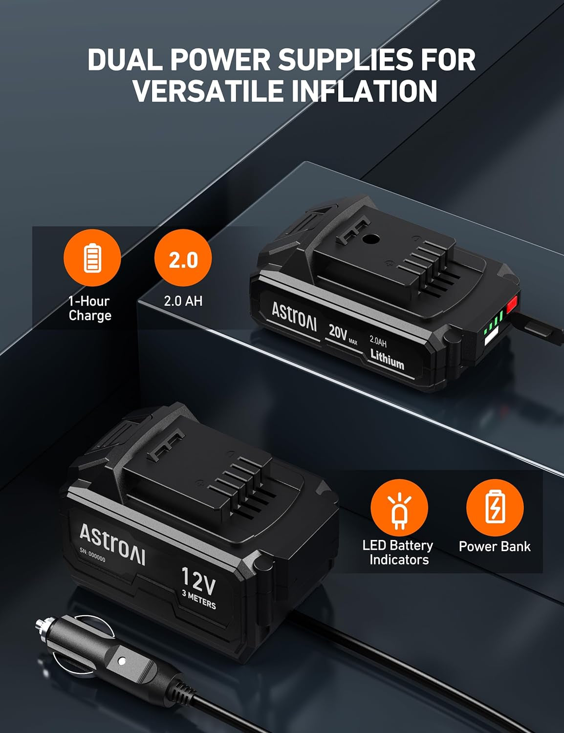 Cordless Tire Inflator Air Compressor 20V Rechargeable Battery